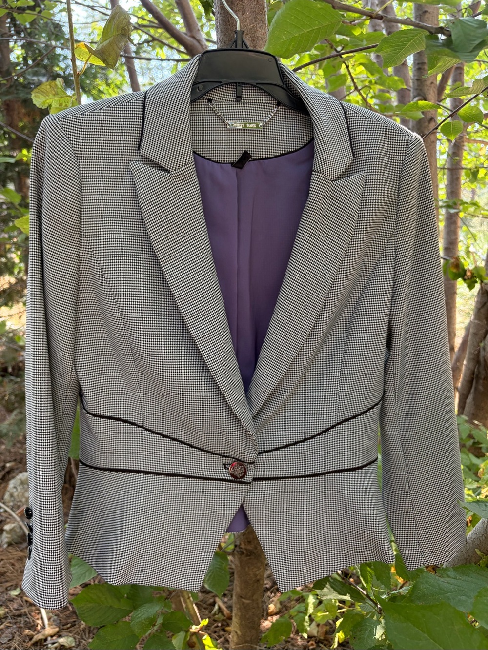 White House Black Market Black-and-White Checked Blazer with Purple Lining